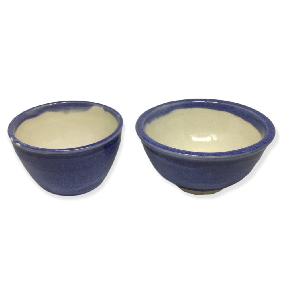 Handmade Signed Pottery Bowls Dishes Blue Glazed Set 2 Cereal Ice Cream Soup